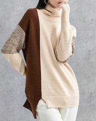 Color Stitching Pullover Wool Long Sleeve Loose Turtleneck Knit Sweater