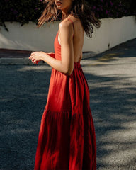 Tiered Low Back Sundress Solid Strap Big Swing Backless Maxi Dress