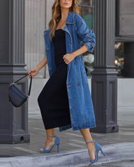 Retro Mid-length Denim Jacket Loose Fit Double-breasted Denim Jacket Windbreaker with Belt