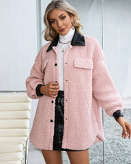 Lapel Collar Plush PU Single-breasted Trench Coat