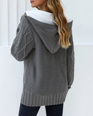 Casual Loose Fitting Fluffy Button Down Knitwear Coatigan Chunky Cable Hooded Cardigan