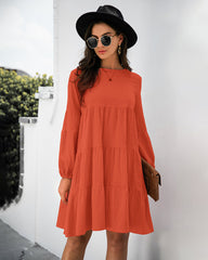 Long Puff Sleeve Shirt Dress Casual Crewneck Loose Fit Sundress Trendy Tiered Layer Summer Mini Dresses