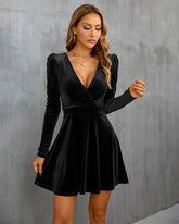 Sexy V Neck Long Sleeve Velvet Mini Dress