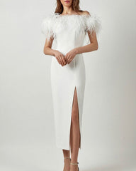 Off Shoulder Faux Fur Split Long Dress Wedding Evening Party Dress