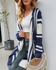 Striped Color Contrast Hooded Knitted Cardigan Irregular Long-sleeved Sweater Jacket