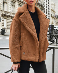 Lapel Fleece Jacket Long Sleeve Pockets Faux Fur Dressy Fall Outfits