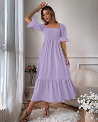 Ruffle Puff Sleeve Smocked Dress Square Neck Long Sleeve High Waist Flowy Maxi Dress