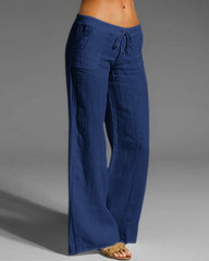 Drawstring Elastic Waist Linen Pants with Pocket Summer Wide Leg Pant Palazzo Trousers