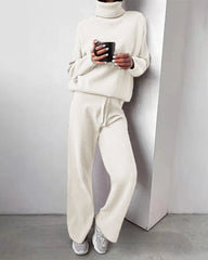 Women's Knitted Sweater Set Solid Color Two Piece Turtleneck Sweater Straight High Waist Wide Leg Pants Set