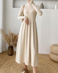 Long-Sleeve High Neck Plain Ribbed Midi A-Line Knit Dress