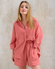 2 Piece Outfits Solid Color Loose Long Sleeve Button-Down Shirt High Waisted Shorts Set