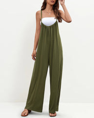Flowy Wide Leg Jumpsuit Spaghetti Strap High Rise Bodysuit Solid Loose Romper
