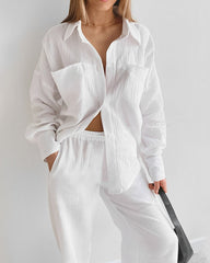 Loose Fit Turn-Down Collar Long-Sleeved Shirt and Wide-Leg Pants Two-Piece Lounge Set