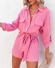 Long Sleeve Button Down Pockets Belted Elastic Waist Solid Casual Shorts jumpsuit