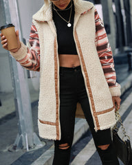 Ethnic Style Print Coat Lapel Zip Long Sleeve Plush Patchwork Jacket Outerwear