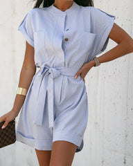 Single-breasted Jumpsuit with Large Pockets Solid Color Shorts Jumpsuits