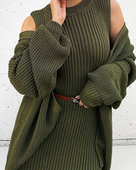 Lazy Style Knitted Sweater Long Dress & Cardigan Two-piece Sets