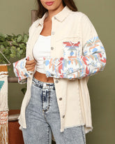 Frayed Denim Jacket Vintage Boho Tribal Button Down Patchwork Shirt Shacket