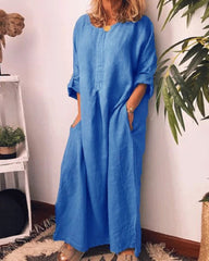 Long Sleeve Solid Color Plus Size Loose Fit Maxi Cotton Linen Dress Round Neck Button Up Dresses with Pocket