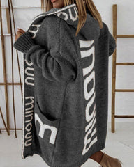 Long Elegant Stripe Cardigan Wool Long Sleeve Hooded Letter Knitted Coat