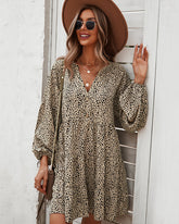 Loose V-neck Bubble Sleeve Leopard Print Dress