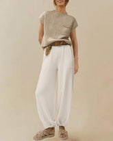 Two Piece Matching Sets Short Sleeve Pullover Tops Solid Color High Waisted Lounge Pants