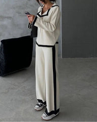 Collared Casual Comfort Knitted Set Color-Blocked Long-Sleeve Top and Pants