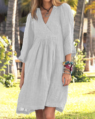 Solid Color Loose V-neck 3/4 Sleeve Loose Mid Linen Dress