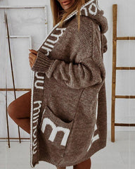 Long Elegant Stripe Cardigan Wool Long Sleeve Hooded Letter Knitted Coat