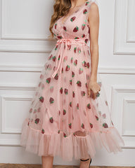 Sleeveless Mesh Strawberry V-Neck Dress