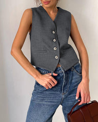 Solid ColorTwo-piece Slim Fit Sleeveless Vest Wide Leg Pants Set