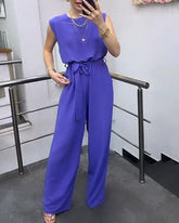 Solid Color Loose Belted Tie Wide Leg Jumpsuit