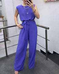 Solid Color Loose Belted Tie Wide Leg Jumpsuit