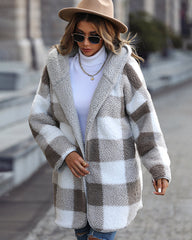 Hooded Loose Plaid Bubble Fleece Cardigan Jacket
