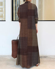 Chic Print Button Down Rolled-Up Sleeve Long V-Neck Blouse Maxi Ankle Dress