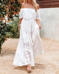 Off Shoulder Lace Maxi Dress Boho White Bridesmaid Wedding Evening Party Dresses