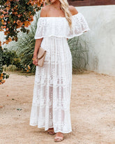 Off Shoulder Lace Maxi Dress Boho White Bridesmaid Wedding Evening Party Dresses