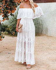 Off Shoulder Lace Maxi Dress Boho White Bridesmaid Wedding Evening Party Dresses