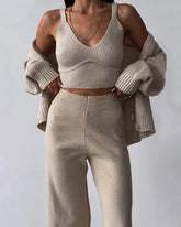 🔥(Limited 2 Days & Lowest Price) Chic V-neck Knitted Three-piece Set Crop Vest and Sweater Cardigan & Solid Wide Leg Pants
