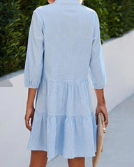 Plaid Print Shirt Dresses Button Up Split Neck Tunic Dress