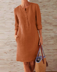 Solid Color Pockets Round Neck Long Sleeve Buttons Dress