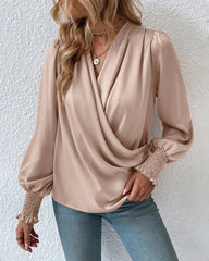Elegant V-neck Lantern Sleeve Blouse Temperament Solid Color Shirt
