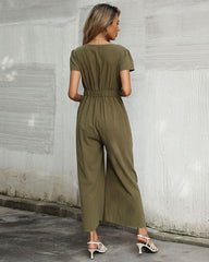Jumpsuit Wide Leg Casual Short Sleeve Solid Color Bowknot V Neck Jumpsuit