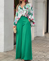 Two Piece Sets Long Puff Sleeve Shirt and Wide Leg Pants Streetwear Elegant Printed Vintage Sets