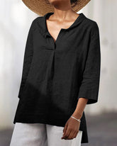 Lapel Neck Loose Fit V-Neck Tops Summer Casual 3/4 Sleeve Asymmetrical Hem Blouse