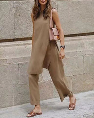 Summer Loose Casual Sleeveless Round Neck Split Blouse Wide Leg Pants Set