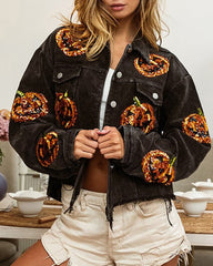 Halloween Pumpkin Sequined Distressed Corduroy Jacket