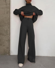 Casual Two Piece Long Sleeve Turtleneck Sweatshirt Top High Waist Wide Leg Pants Set