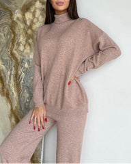 Women's Two Piece Sets Casual Loose Tracksuit Knitted Streetwear Turtleneck Long Sleeve Top Wide Leg Pants