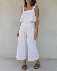 Square Neck Sleeveless Button Crop Tank Top and Elastic Wide Leg Pants Set